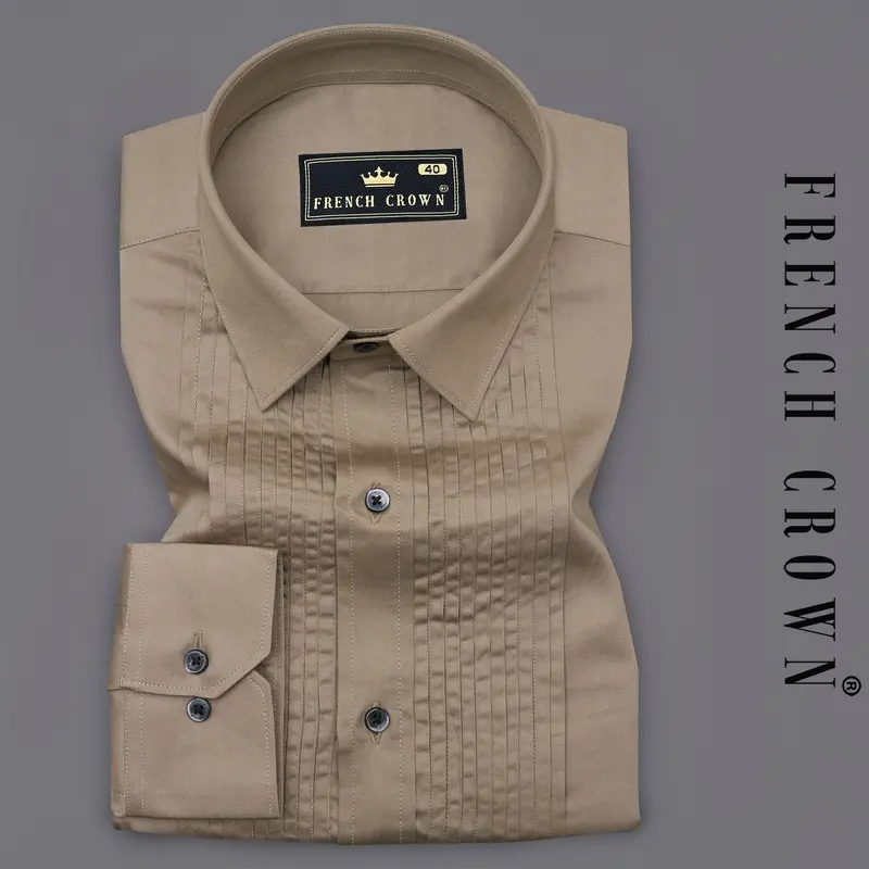 Arrowtown Brown Subtle Sheen Snake Pleated Super Soft Premium Cotton Tuxedo Shirt 1
