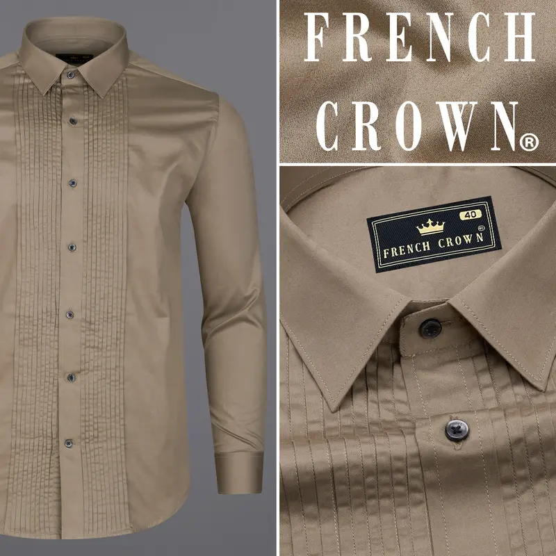 Arrowtown Brown Subtle Sheen Snake Pleated Super Soft Premium Cotton Tuxedo Shirt 10