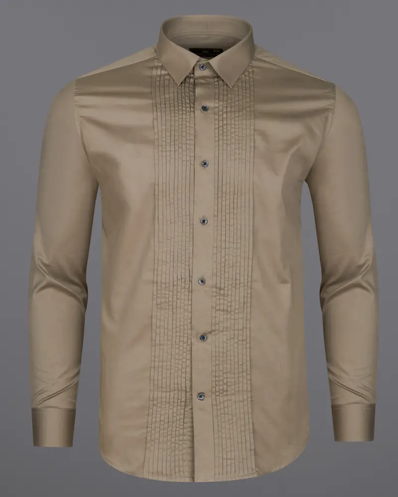 Arrowtown Brown Subtle Sheen Snake Pleated Super Soft Premium Cotton Tuxedo Shirt 6