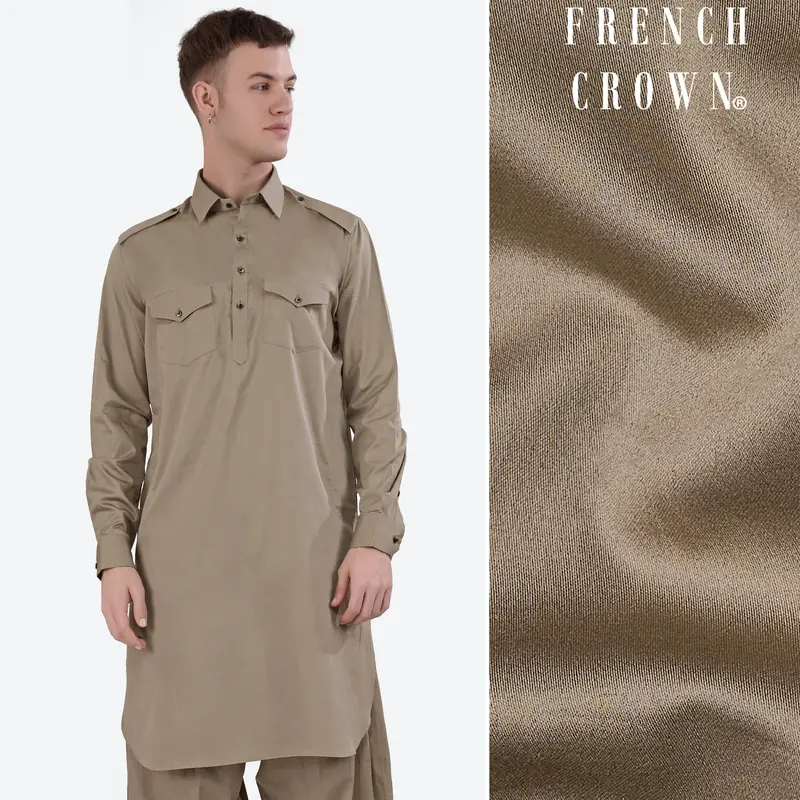 Arrowtown Brown Subtle Sheen Super Soft Premium Cotton Pathani Kurta 1