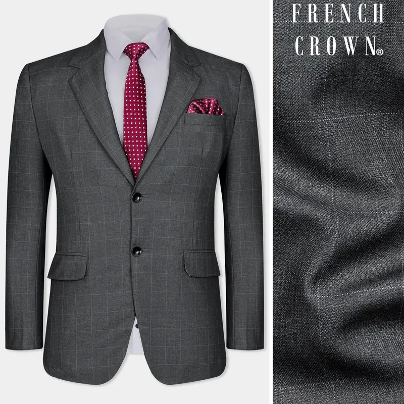 Arsenic Gray Windowpane Wool Rich Single Breasted Blazer 1
