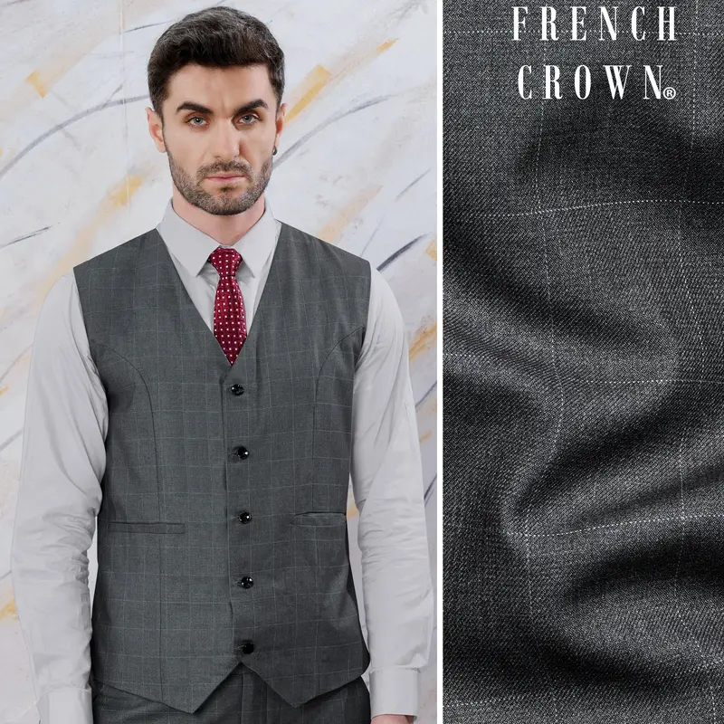 Arsenic Gray Windowpane Wool Rich Waistcoat 1