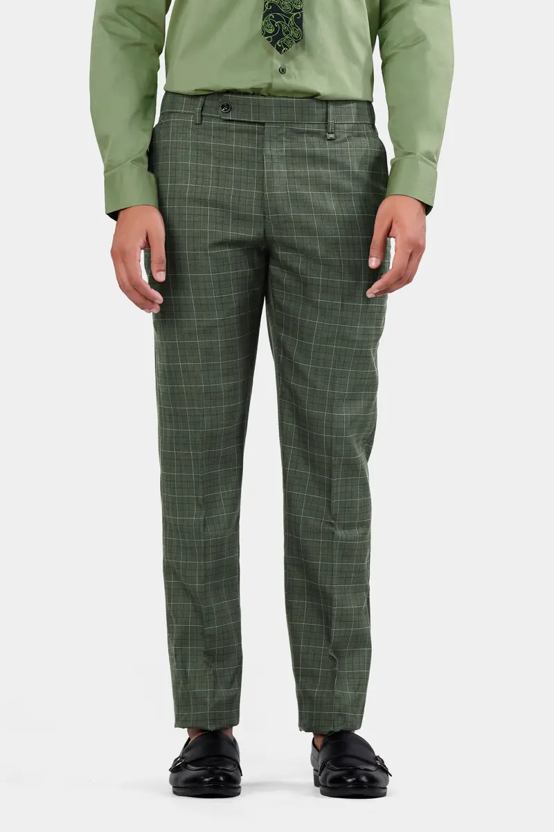 Artichoke Green Checkered Wool Rich Pant 7