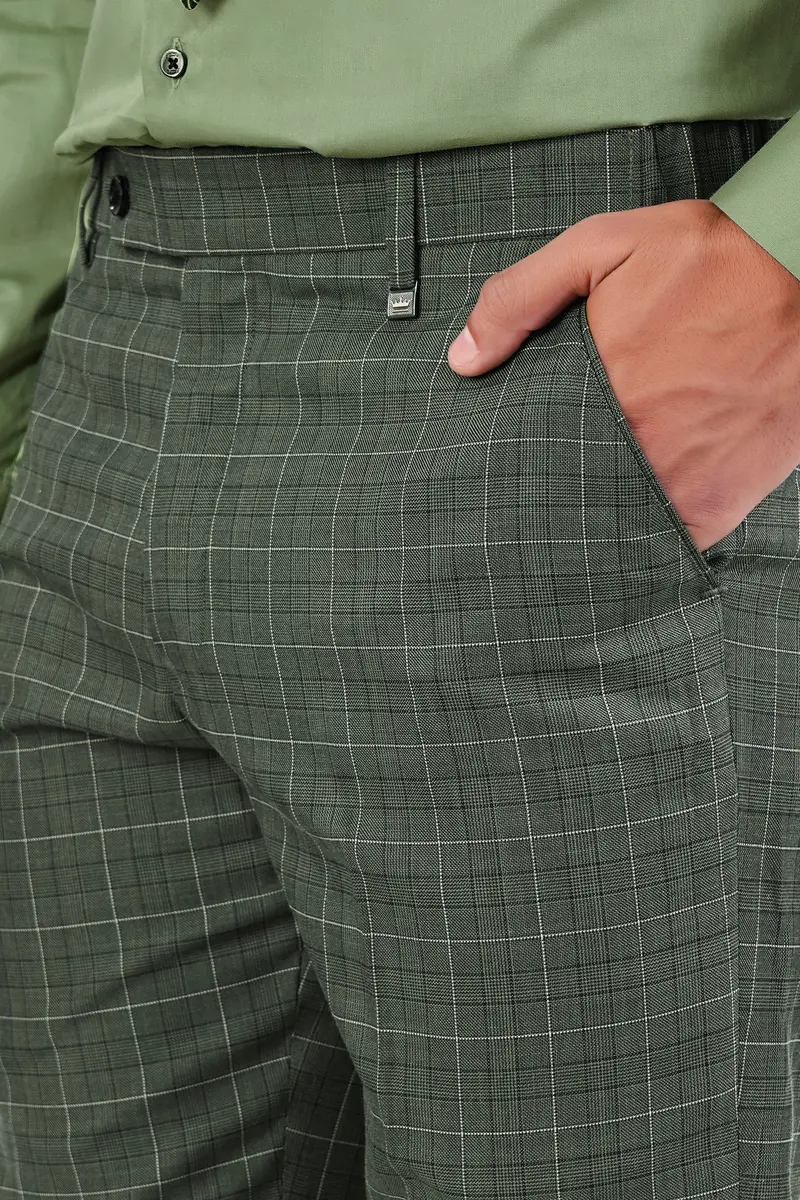 Artichoke Green Checkered Wool Rich Pant 8