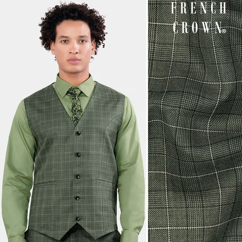 Artichoke Green Checkered Wool Rich Waistcoat 1