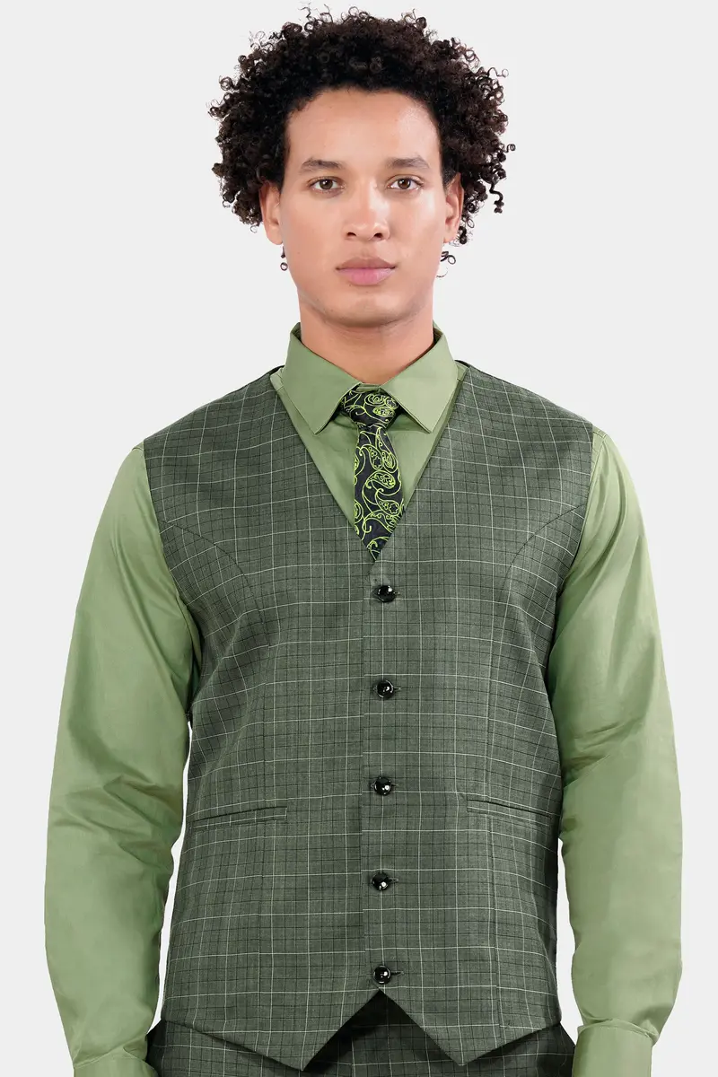Artichoke Green Checkered Wool Rich Waistcoat 2