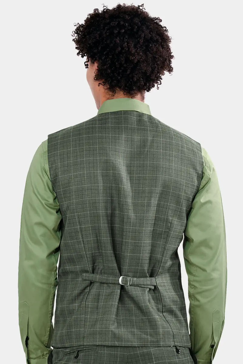 Artichoke Green Checkered Wool Rich Waistcoat 4