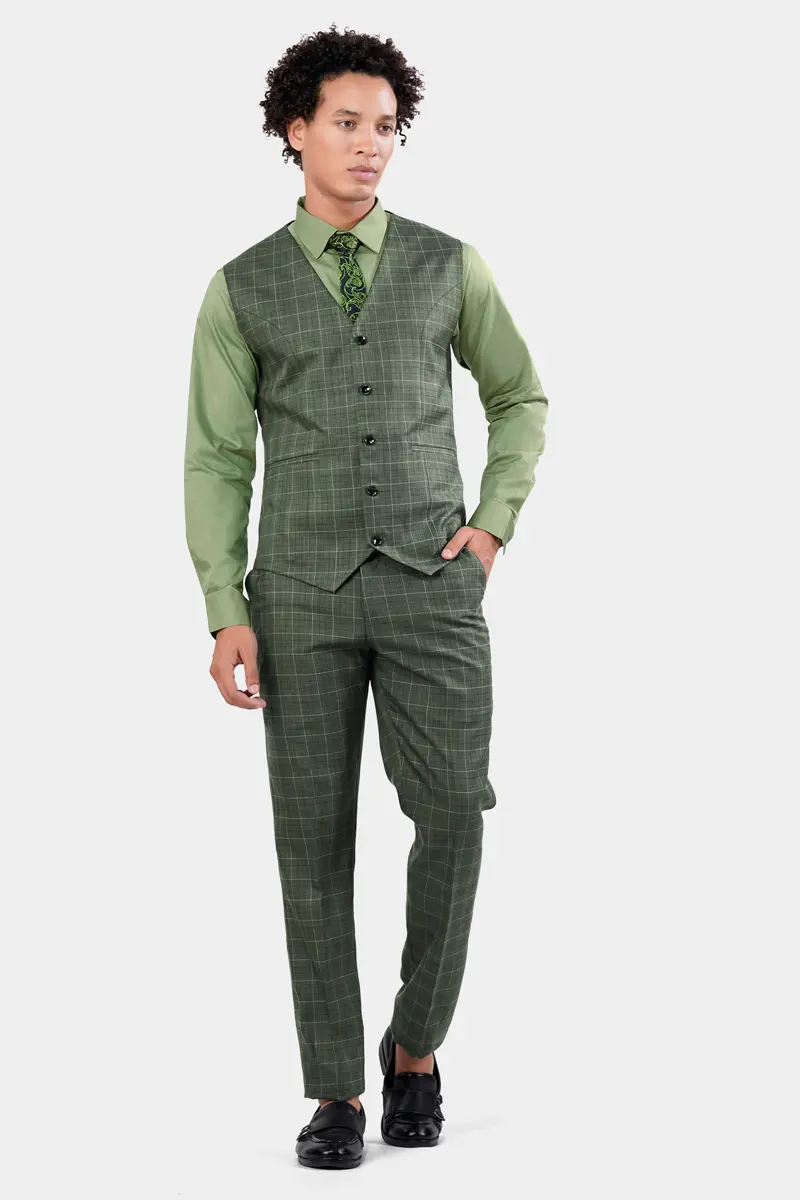 Artichoke Green Checkered Wool Rich Waistcoat 5