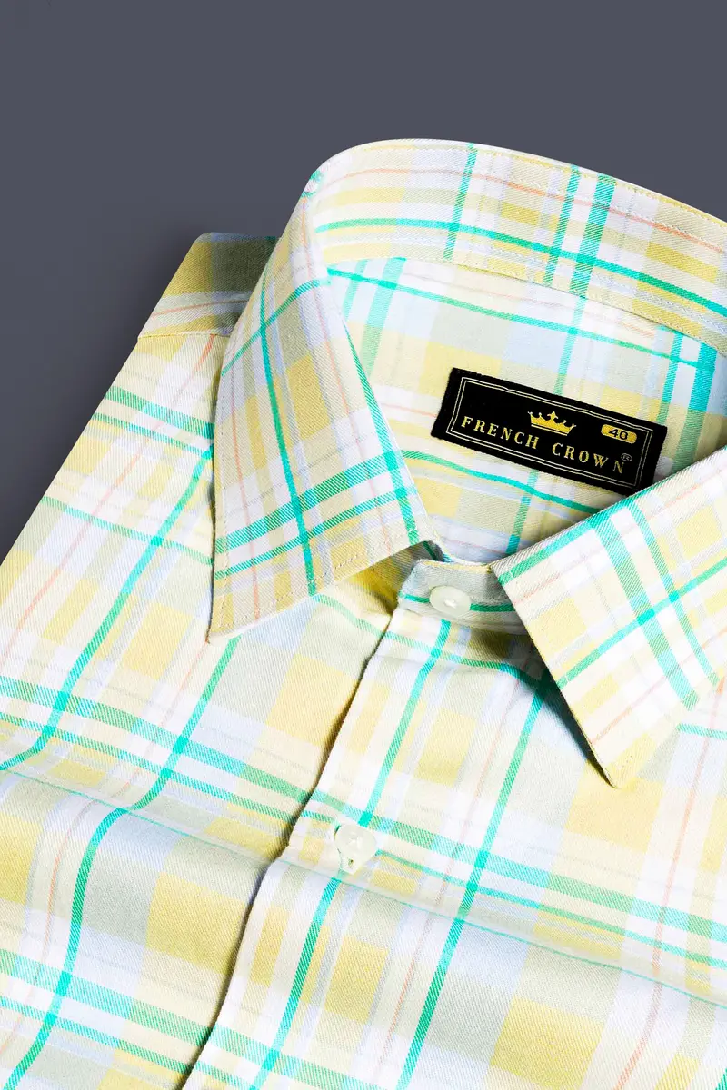 Arylide Brown With White And Teal Green Twill Plaid Premium Cotton Shirt 1