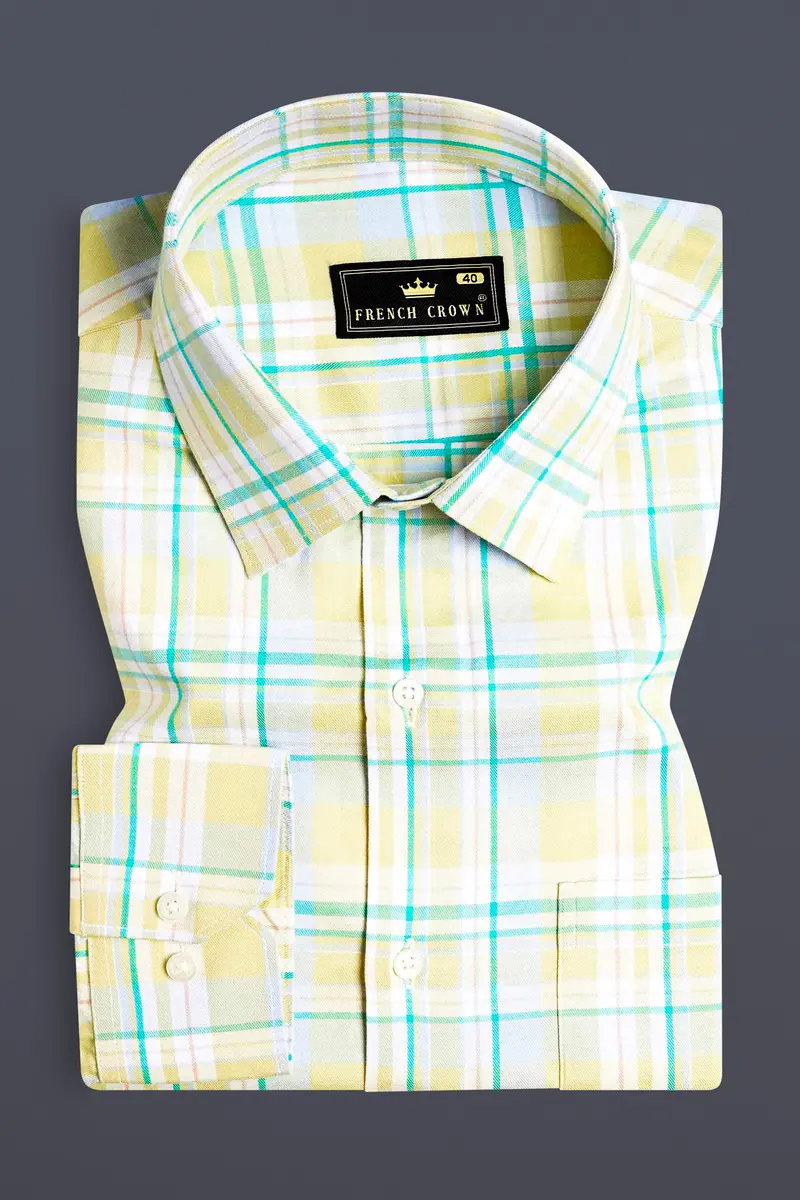Arylide Brown With White And Teal Green Twill Plaid Premium Cotton Shirt 3