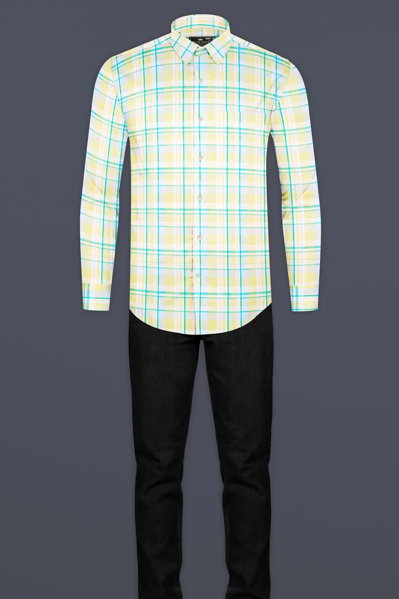 Arylide Brown With White And Teal Green Twill Plaid Premium Cotton Shirt 6
