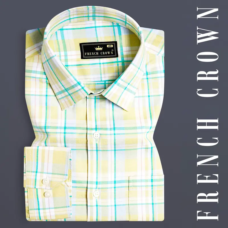 Arylide Brown With White And Teal Green Twill Plaid Premium Cotton Shirt 7