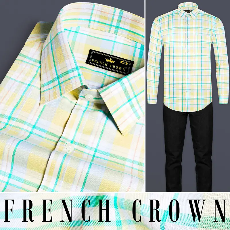 Arylide Brown With White And Teal Green Twill Plaid Premium Cotton Shirt 8