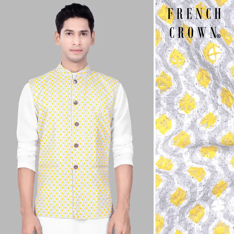 Arylide Yellow And Ghost Gray Designer Embroidered Nehru Jacket 1