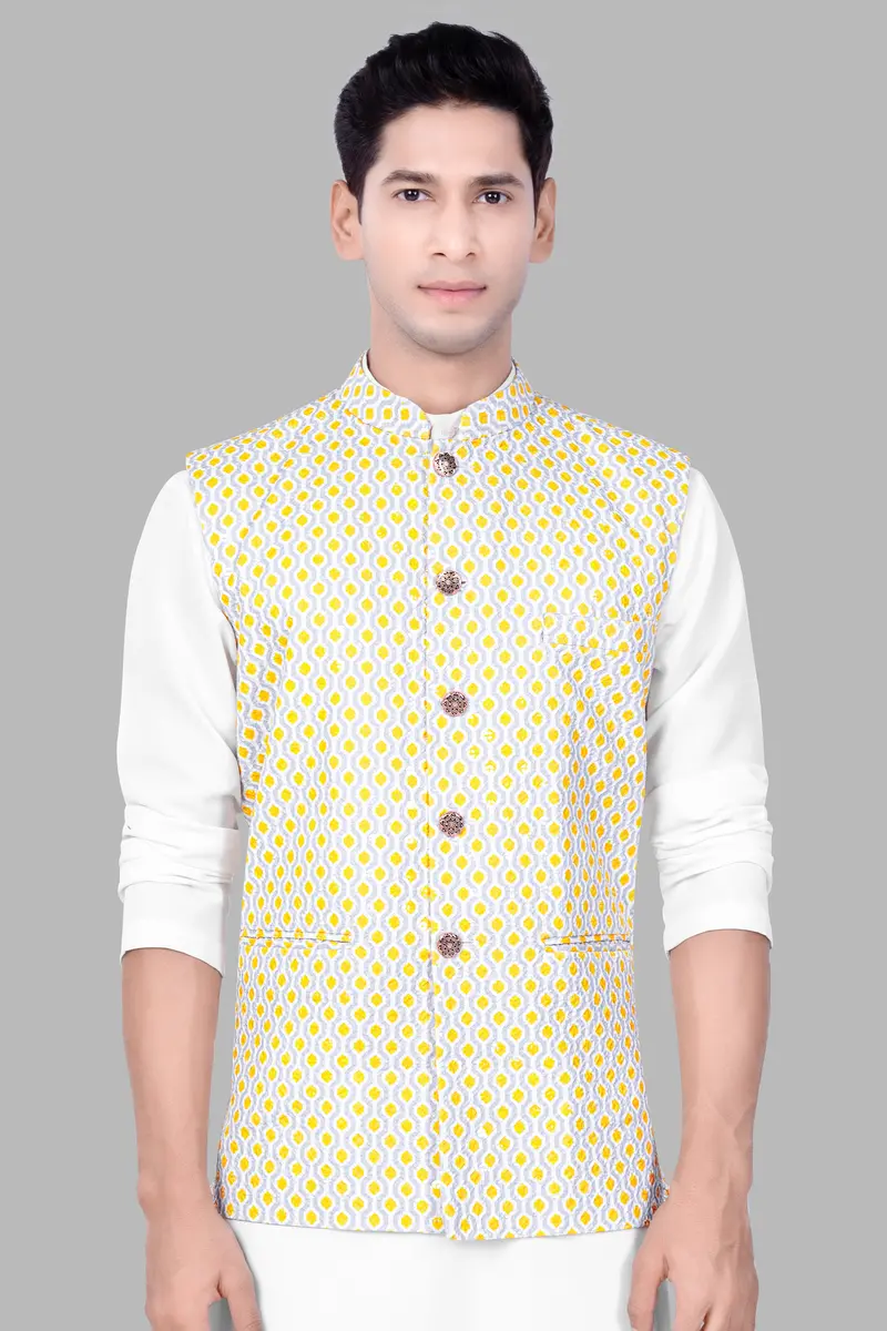Arylide Yellow And Ghost Gray Designer Embroidered Nehru Jacket 2