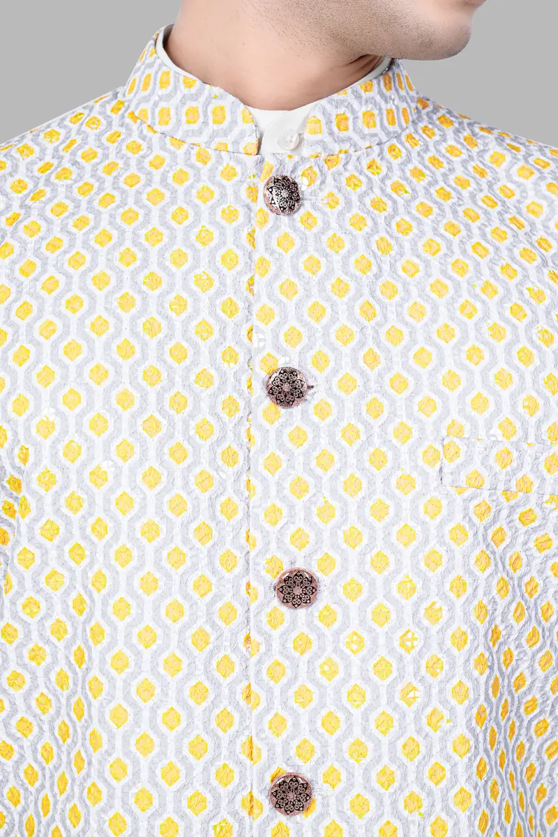 Arylide Yellow And Ghost Gray Designer Embroidered Nehru Jacket 4