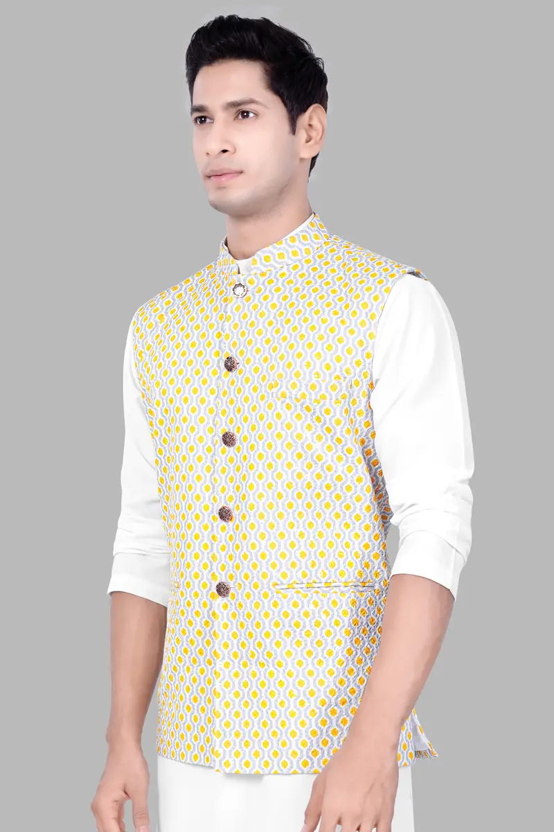 Arylide Yellow And Ghost Gray Designer Embroidered Nehru Jacket 5