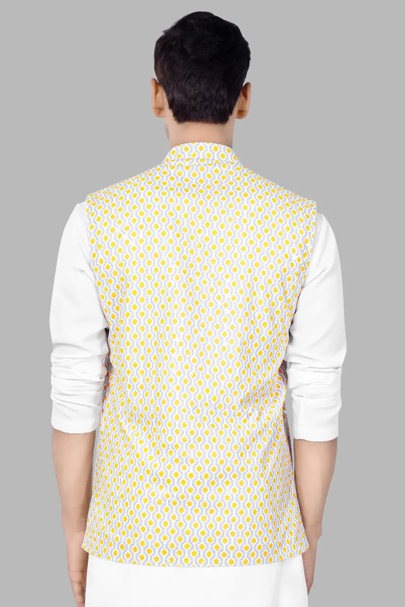 Arylide Yellow And Ghost Gray Designer Embroidered Nehru Jacket 6