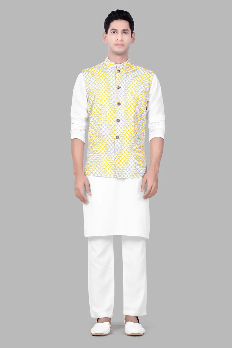 Arylide Yellow And Ghost Gray Designer Embroidered Nehru Jacket 7