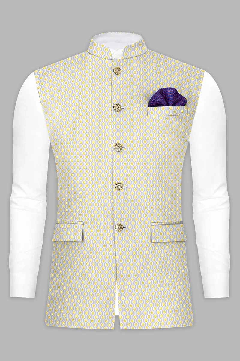 Arylide Yellow And Ghost Gray Designer Embroidered Nehru Jacket 8