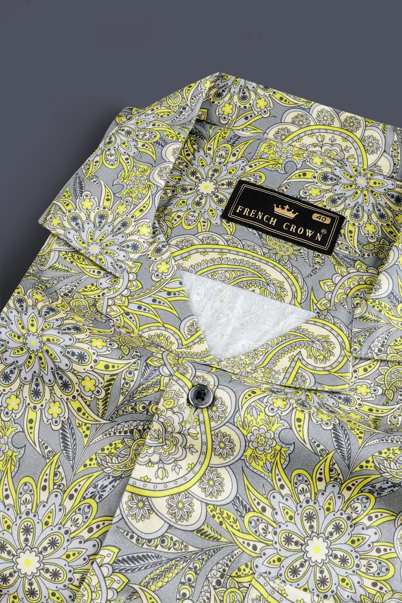 Arylide Yellow With Nobel Gray Flower Valley Printed Super Soft Premium Cotton Shirt 3