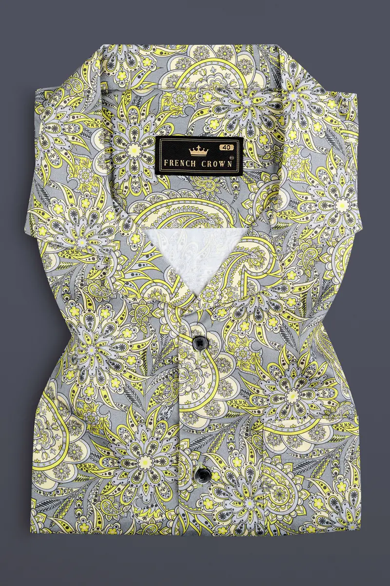 Arylide Yellow With Nobel Gray Flower Valley Printed Super Soft Premium Cotton Shirt 4
