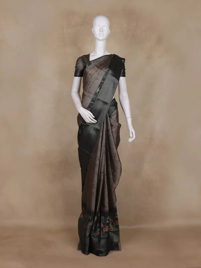 Ash Brown And Black Floral Woven Design Mixed Cotton Fancy Saree With Zari Border 1