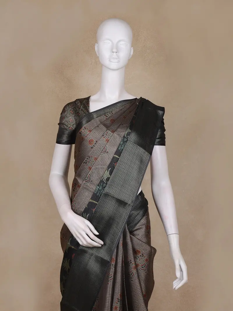Ash Brown And Black Floral Woven Design Mixed Cotton Fancy Saree With Zari Border 2