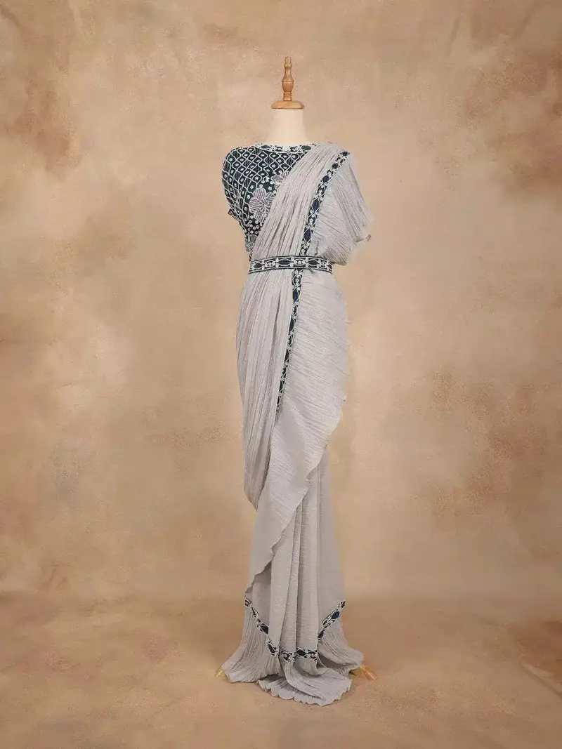 Ash Crush Crepe Ready To Wear Saree With Plain Body Paired With Designer Blouse And Waist Belt 1