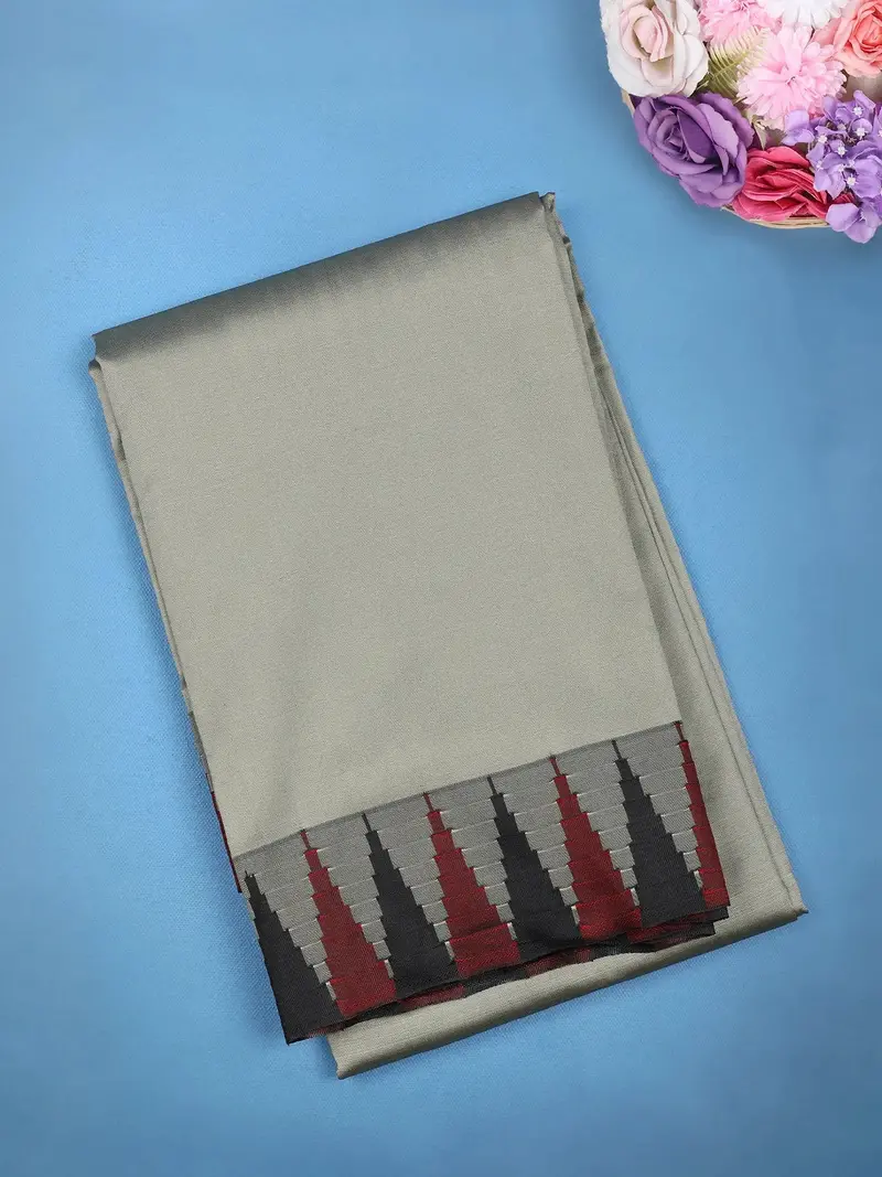 Ash Grey Black And Maroon Temple Motif Border Soft Silk Saree 1