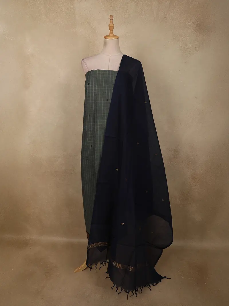 Ash Grey Checked Woven Design Pure Cotton Unstitched Salwar Material With Contrast Dupatta 1