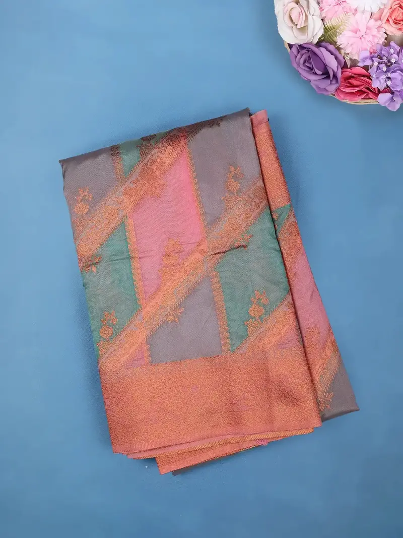 Ash Grey Diagonal Stripe Floral Design Tissue Silk Saree 1
