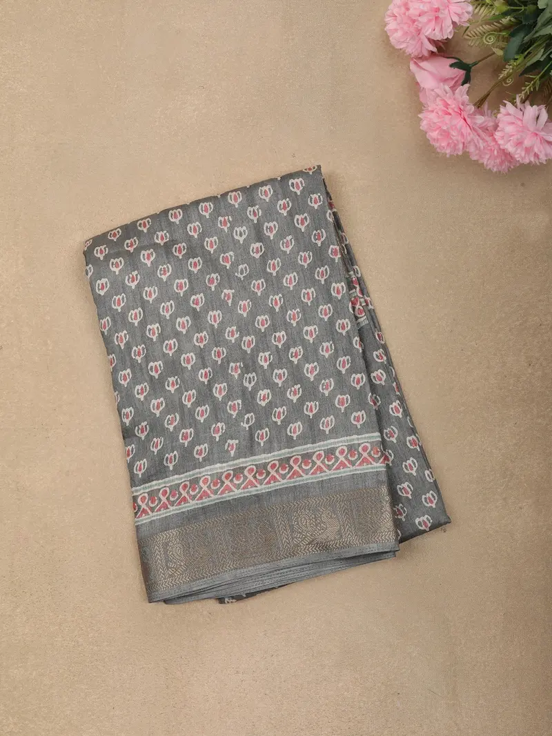 Ash Grey Floral Butta Printed Design Crepe Saree With Zari Border 1