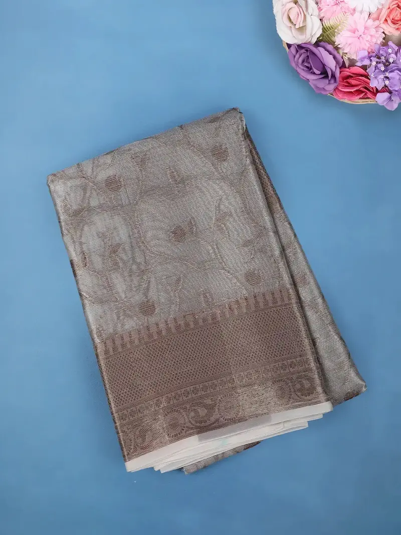 Ash Grey Floral Design Woven Tissue Silk Saree 1