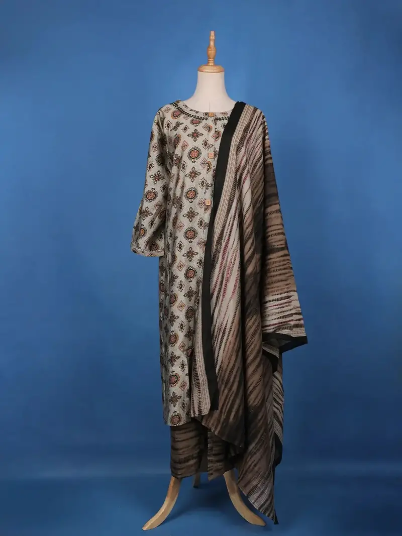 Ash Grey Floral Designed Semi Silk Salwar Suit 1