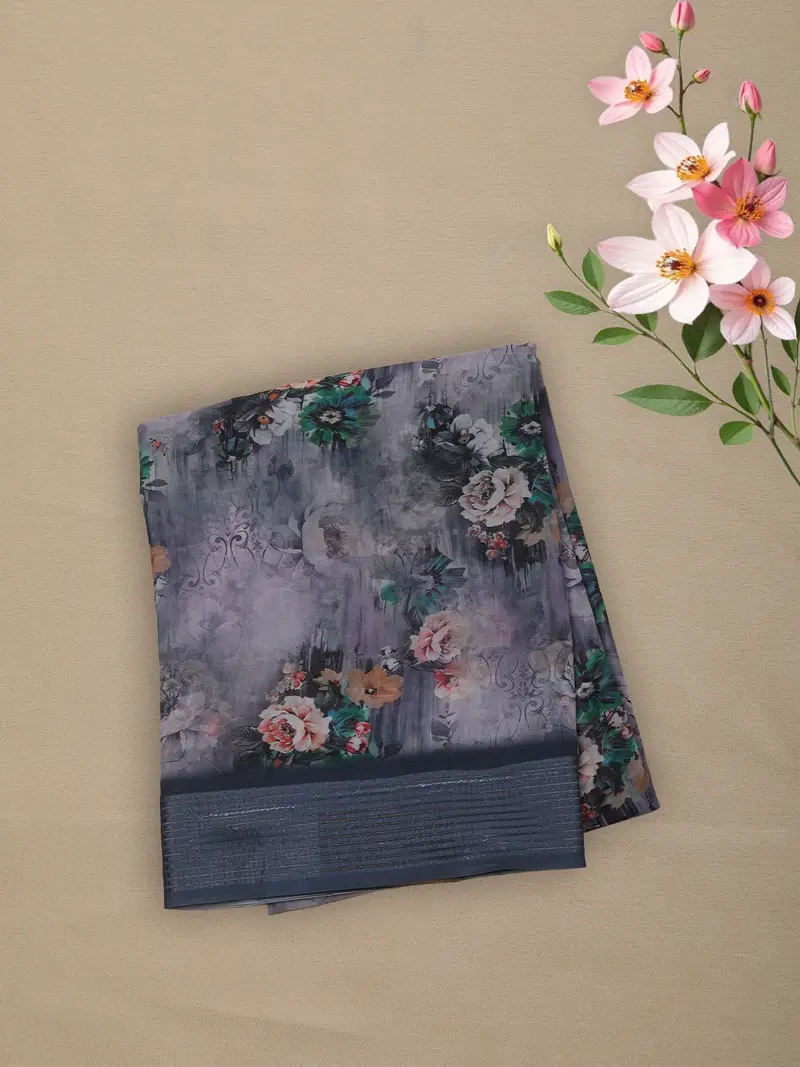 Ash Grey Floral Printed Design Chiffon Saree 1