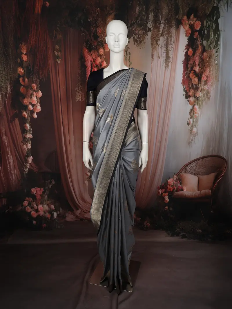 Ash Grey Floral Zari Woven Design Semi Banarasi Silk Saree With Contrast Zari Border 1