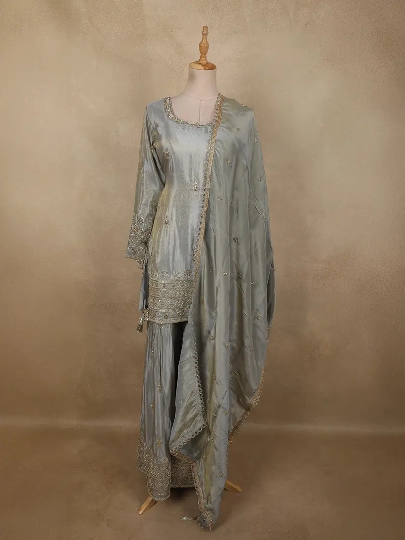 Ash Grey Sequins And Beads Embroidered Design Tissue Silk Sharara Suit With Dupatta 1