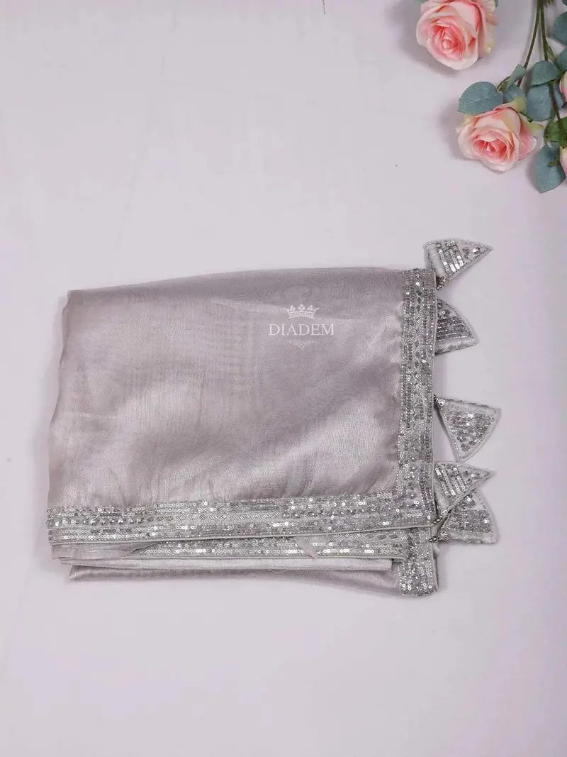 Ash Grey Tissue Organza Saree With Body And Embroidery Border Paired With Designer Blouse 1