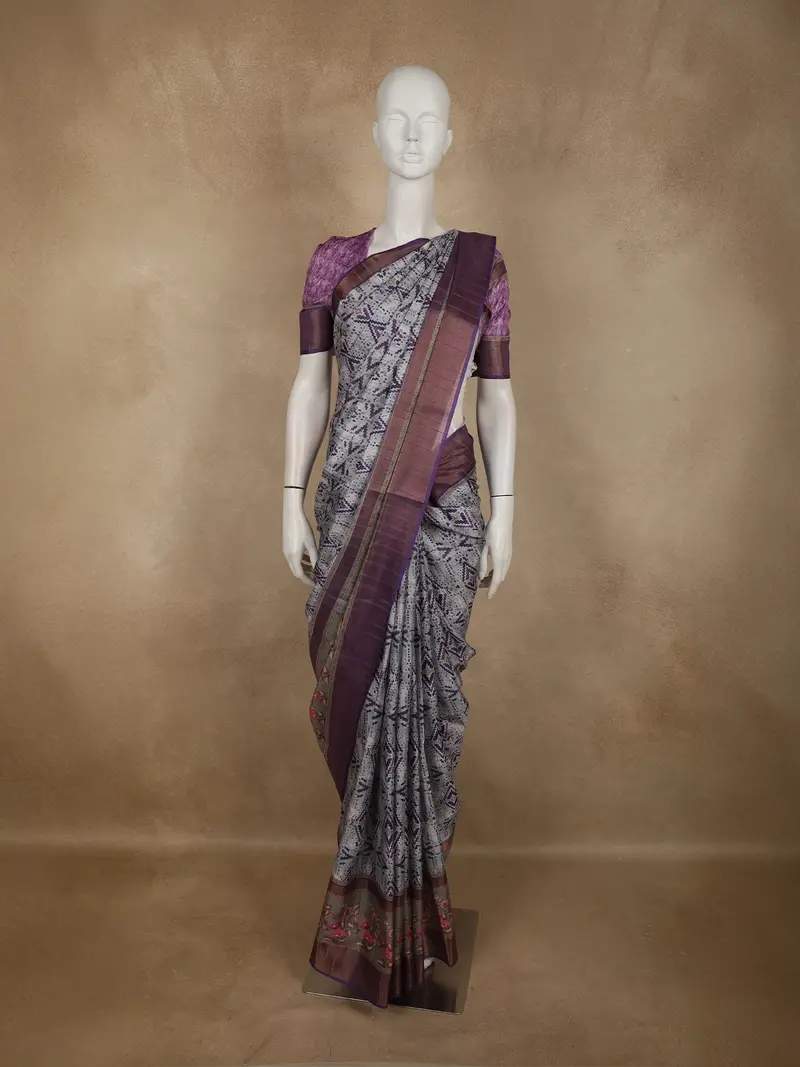 Ash Grey With Deep Plum Abstract Printed Design Semi Tussar Saree 1