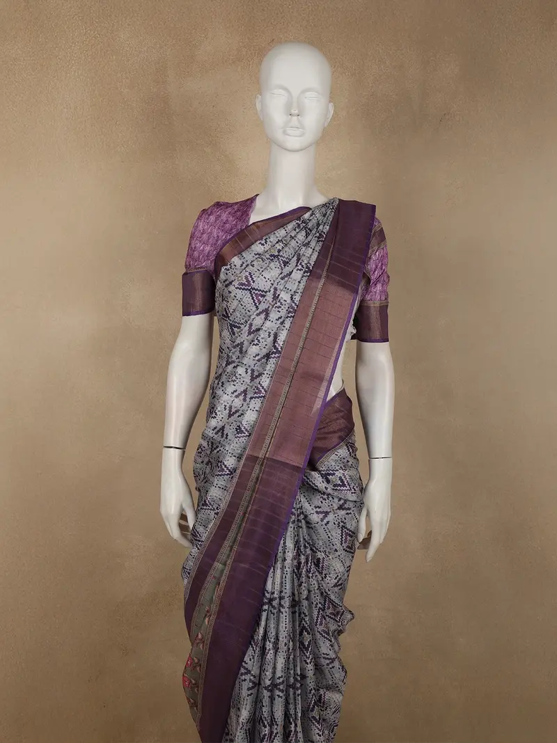 Ash Grey With Deep Plum Abstract Printed Design Semi Tussar Saree 2