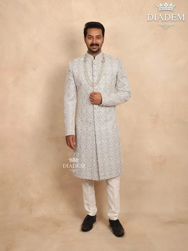 Ash Raw Silk Sherwani Suit With Threadwork Embroider Paired With Bead Mala 1