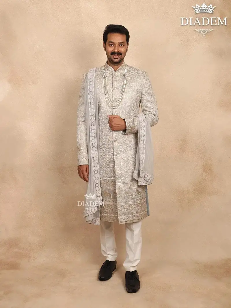 Ash Raw Silk Sherwani With Floral Threadwork Embroidery Paired With Dupatta And Bead Mala 1