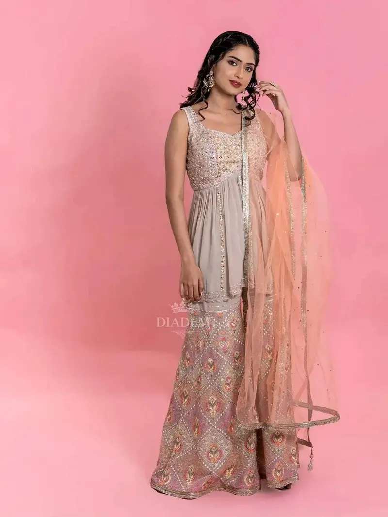 Ash Sharara Suit With Embroidered Peplum Top Along With Dupatta 1