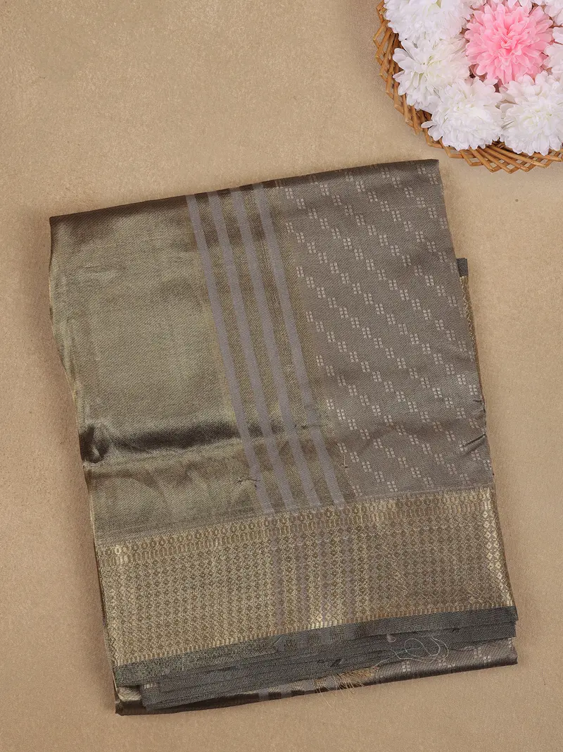 Ash Striped Design Cotton Blend Saree 1