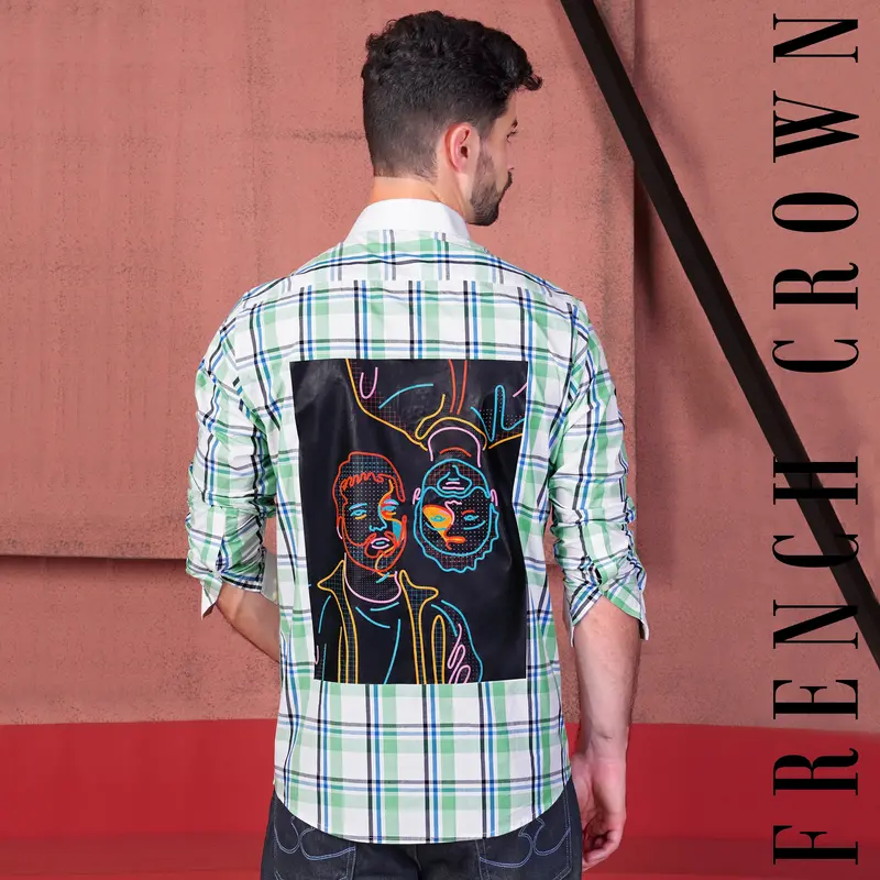 Asparagus Green And White Plaid With Funky Print Subtle Sheen Super Soft Premium Cotton Designer Shirt 1