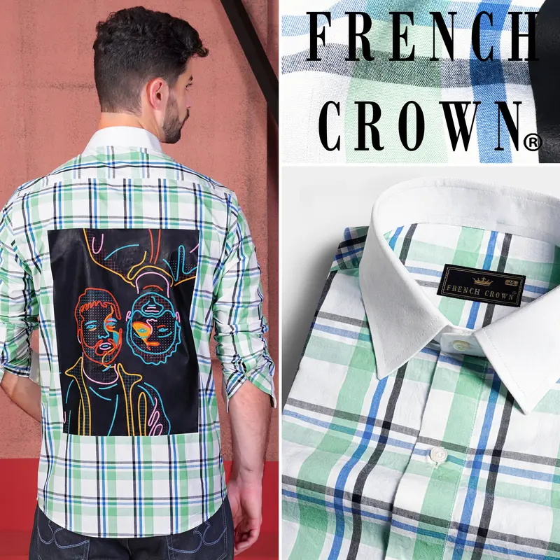 Asparagus Green And White Plaid With Funky Print Subtle Sheen Super Soft Premium Cotton Designer Shirt 11