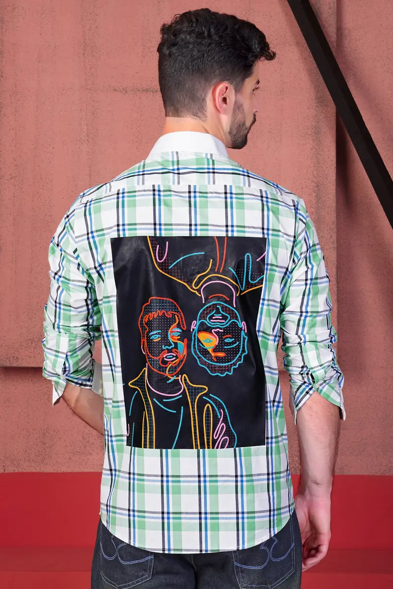 Asparagus Green And White Plaid With Funky Print Subtle Sheen Super Soft Premium Cotton Designer Shirt 2