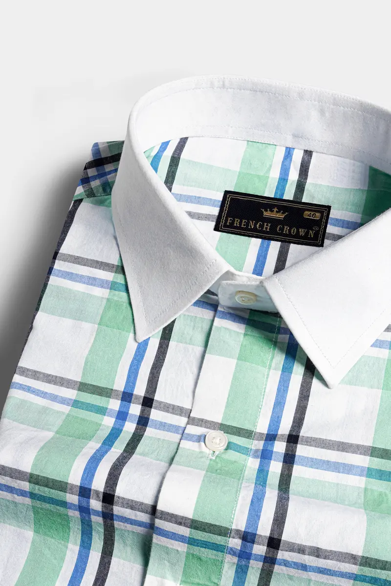 Asparagus Green And White Plaid With Funky Print Subtle Sheen Super Soft Premium Cotton Designer Shirt 4
