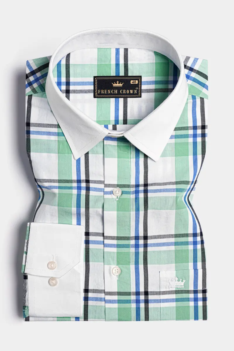 Asparagus Green And White Plaid With Funky Print Subtle Sheen Super Soft Premium Cotton Designer Shirt 5